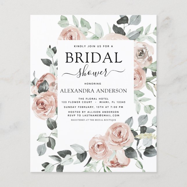 Flyer Invitación floral de ducha de novia rosa y turbia (Frente)