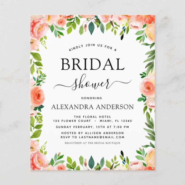 Flyer Invitación floral de ducha de novias con barro de  (Frente)