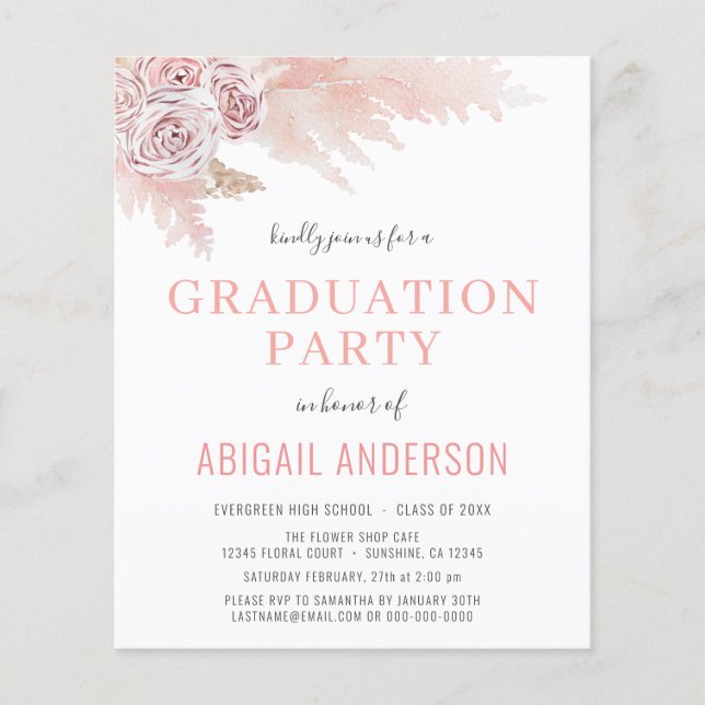 Flyer Invitación floral de graduación de Presupuesto Boh (Frente)
