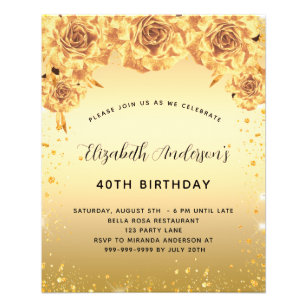 Flyer Invitación floral de rosas de oro fiestas de Brthd