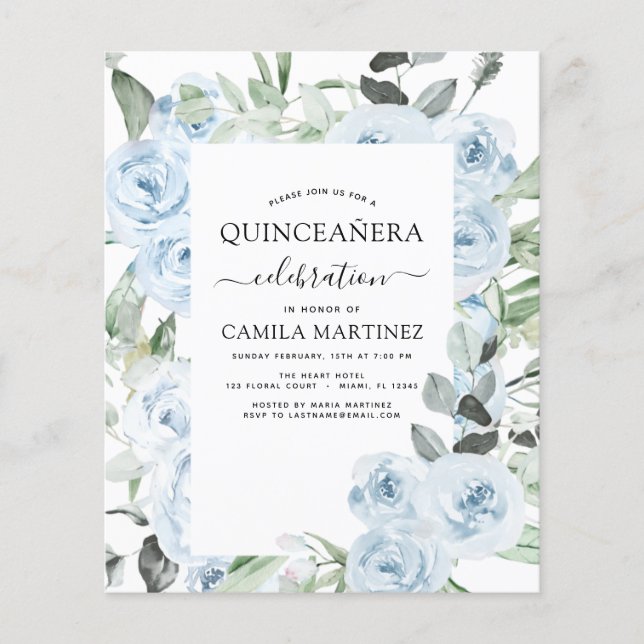Flyer Invitación floral Dusty Blue Quinceañera (Frente)
