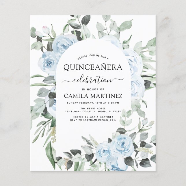 Flyer Invitación floral Dusty Blue Quinceañera (Frente)