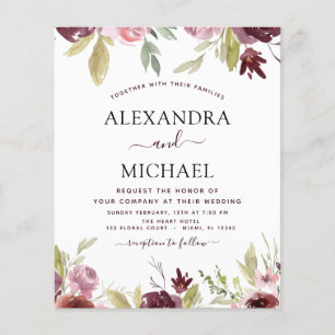 Flyer Invitación floral rosa de Borgoña Boda de presupue