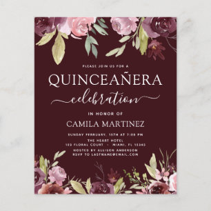 Flyer Invitación floral rosa de Quinceanera Borgoña