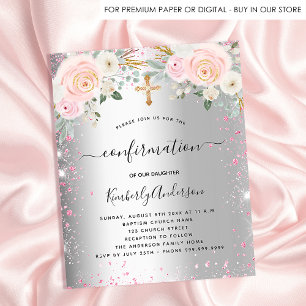 Flyer Invitación floral rosa plateado chica de confirmac