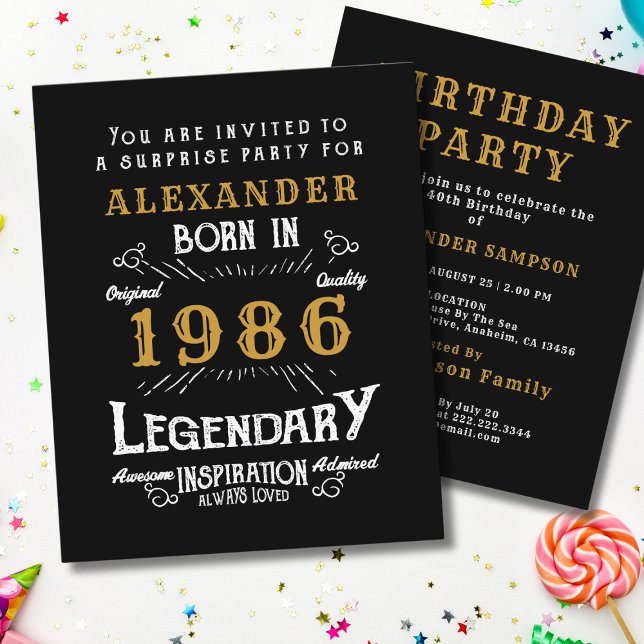 Flyer Invitación Legend para Cumpleaños 40 del Presupues (1986 birthday invitation budget flyer. White background.)