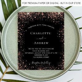 Flyer Invitación nupcial de rosa negro purpurina de oro