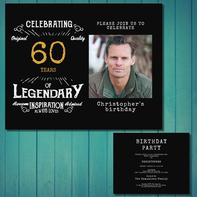 Flyer Invitación para el 60 cumpleaños de Black Gold Bud (Celebrate the golden age of your loved one's life with this budget-friendly 60th birthday invitation)