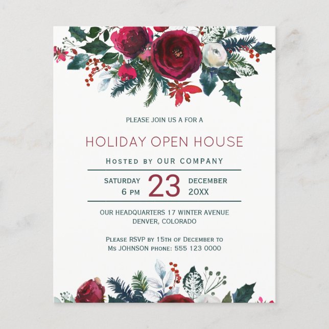 Flyer Invitación para fiesta de invierno con flores roja (Frente)