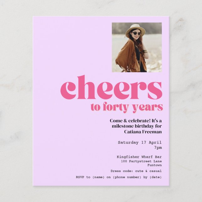 Flyer Invitación presupuestal, 40 cumpleaños retro púrpu (Frente)