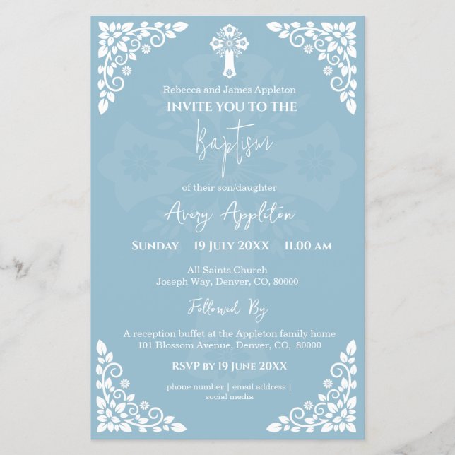 Flyer Invitación presupuestal Baptismo de la Cruz Floral (Frente)