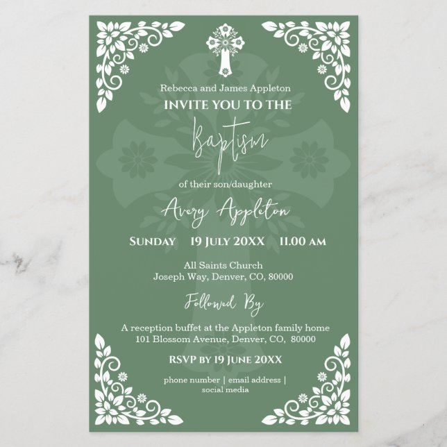 Flyer Invitación presupuestal Baptismo Floral Fern Green (Frente)
