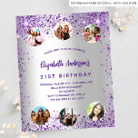 Flyer Invitación presupuestal de fotos púrpura de cumple<br><div class="desc">Tenga en cuenta que esta invitación está en papel de volante y es muy delgada. Los sobres no están incluidos. Para invitaciones más gruesas (el mismo diseño) visite nuestra tienda. Invitación a la fiesta de cumpleaños 21 (o a cualquier edad) de niñas y mujeres. Delante: Un fondo de moda y...</div>