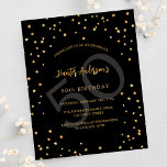 Flyer Invitación presupuestal de las estrellas de oro ne<br><div class="desc">Tenga en cuenta que esta invitación está en papel de volante y es muy delgada. Los sobres no están incluidos. Para invitaciones más gruesas (el mismo diseño) visite nuestra tienda. Una glamorosa invitación a la fiesta de cumpleaños para él y ella. Un fondo negro decorado con estrellas de oro falsas....</div>