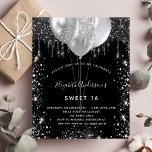 Flyer Invitación presupuestal de Sweet 16 purpurina de p<br><div class="desc">Tenga en cuenta que esta invitación está en papel de volante y es muy delgada. Los sobres no están incluidos. Para invitaciones más gruesas (el mismo diseño) visite nuestra tienda. Un elegante fondo negro. Decorada con purpurinas de plata falsa y globos. Personalice y agregue un nombre, edad y detalles del...</div>