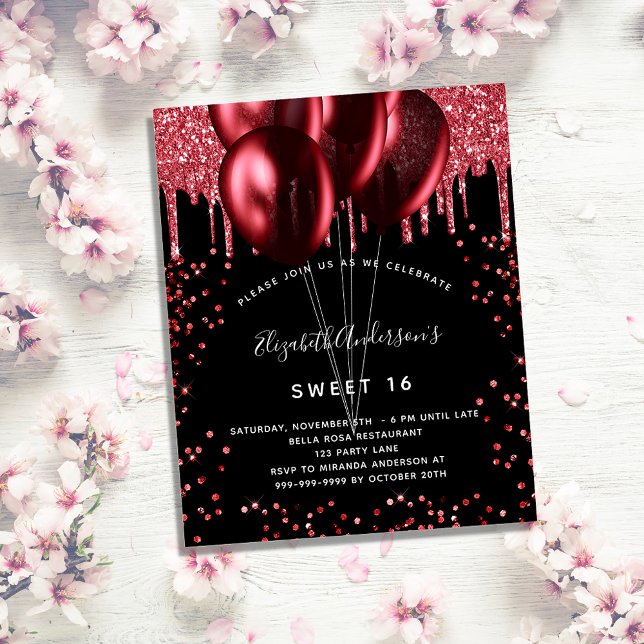 Flyer Invitación presupuestal de Sweet 16 purpurina rojo (Subido por el creador)