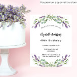 Flyer Invitación presupuestaria de Birday lavender eucal<br><div class="desc">Tenga en cuenta que esta invitación está en papel de volante y es muy delgada. Los sobres no están incluidos. Para invitaciones más gruesas (el mismo diseño) visite nuestra tienda. Una invitación clásica para una fiesta de cumpleaños número 40 (o cualquier edad). Decorado con flores de lavanda y vegetación eucaliptica....</div>