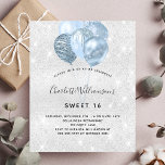 Flyer Invitación presupuestaria de purpurina azul dulce<br><div class="desc">Tenga en cuenta que esta invitación está en papel de volante y es muy delgada. Los sobres no están incluidos. Para invitaciones más gruesas (el mismo diseño) visite nuestra tienda. Para un elegante dulce 16, 16 cumpleaños. Un falso fondo metálico plateado. Decorada con un polvo falso purpurina plateado y globos...</div>