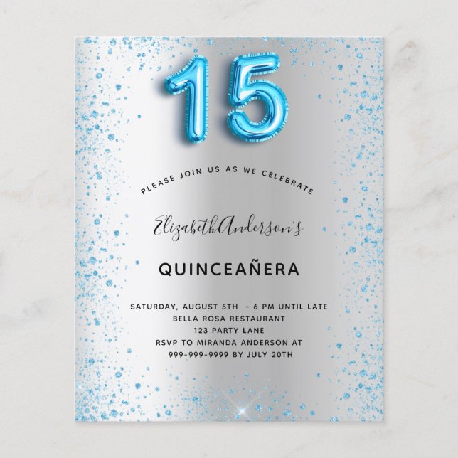 Flyer Invitación presupuestaria del purpurina azul plate (Frente)