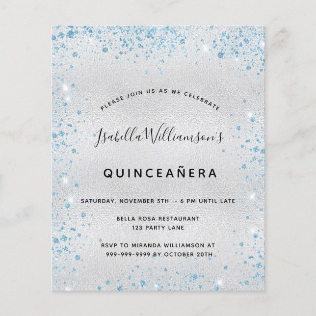 Flyer Invitación presupuestaria del purpurina azul plate (Frente)