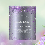 Flyer Invitación presupuestaria del purpurina de plata m<br><div class="desc">Tenga en cuenta que esta invitación está en papel de volante y es muy delgada. Los sobres no están incluidos. Para invitaciones más gruesas (el mismo diseño) visite nuestra tienda. Una invitación moderna, elegante y glamurosa para una fiesta de cumpleaños número 21 (o cualquier edad). Un oscuro fondo de aspecto...</div>