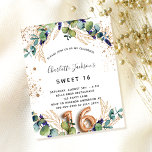 Flyer Invitación presupuestaria dulce 16 eucalipto verde<br><div class="desc">Tenga en cuenta que esta invitación está en papel de volante y es muy delgada. Los sobres no están incluidos. Para invitaciones más gruesas (el mismo diseño) visite nuestra tienda. Para una dulce fiesta de 16, 16 cumpleaños. Un fondo blanco decorado con vegetación eucaliptos y hojas doradas. Lugares purpurinas de...</div>