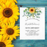 Flyer Invitación presupuestaria para el cumpleaños giras<br><div class="desc">Tenga en cuenta que esta invitación está en papel de volante y es muy delgada. Los sobres no están incluidos. Para invitaciones más gruesas (el mismo diseño) visite nuestra tienda. Para una fiesta de cumpleaños número 40 (o cualquier edad). Un fondo blanco decorado con girasoles acuáticos y vegetación eucaliptica. Personalice...</div>