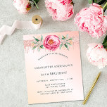 Flyer Invitación presupuestaria para rosas de oro de cum<br><div class="desc">Tenga en cuenta que esta invitación está en papel de volante y es muy delgada. Los sobres no están incluidos. Para invitaciones más gruesas (el mismo diseño) visite nuestra tienda. Una invitación romántica para una fiesta de cumpleaños número 60 (o cualquier edad). Fondo de degradado de color dorado y rosa...</div>