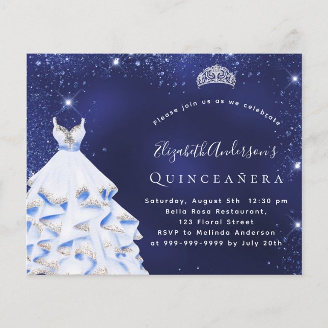 Flyer Invitación presupuestaria para vestido azul de pla (Frente)