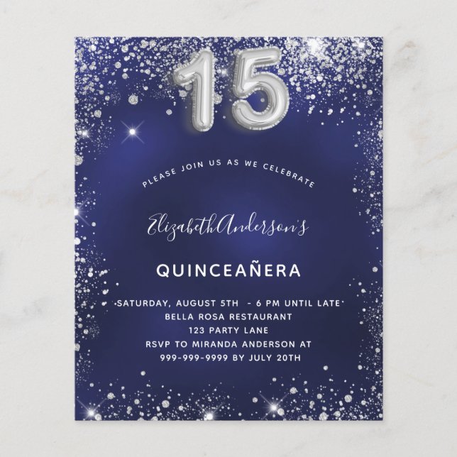 Flyer Invitación presupuestaria Quinceanera azul marino (Frente)