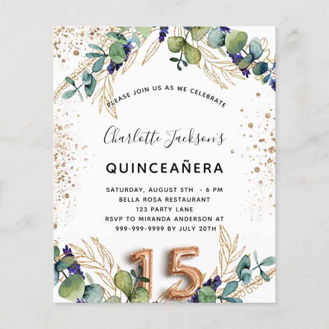 Flyer Invitación presupuestaria Quinceanera eucalyptus (Frente)