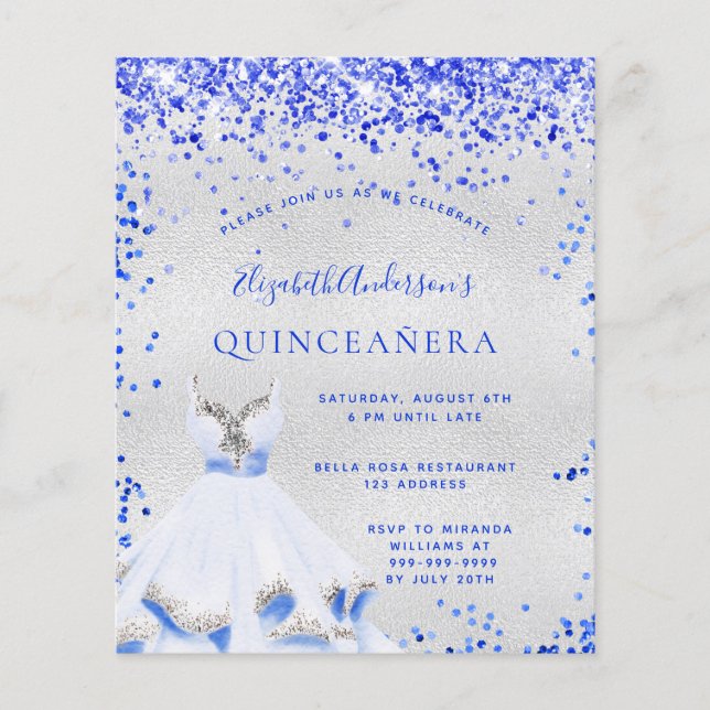 Flyer Invitación presupuestaria Quinceanera real azul pl (Frente)