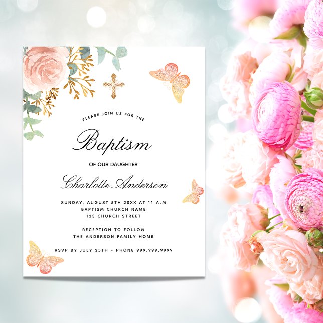 Flyer Invitación presupuestaria rosa de mariposa floral  (Subido por el creador)
