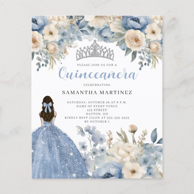 Flyer Invitación Quinceañera floral azul de presupuesto (Frente)