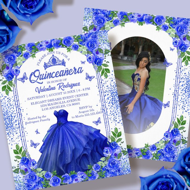 Flyer Invitación Quinceanera floral azul real de presupu (Budget Blue Floral Quinceanera Invitation Flyer)
