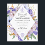 Flyer Invitación Quinceanera floral de oro púrpura de pr<br><div class="desc">Las flores moradas y doradas de bonito crean una corona de diamantes moderna para rodear los detalles de tu quinceañera.</div>