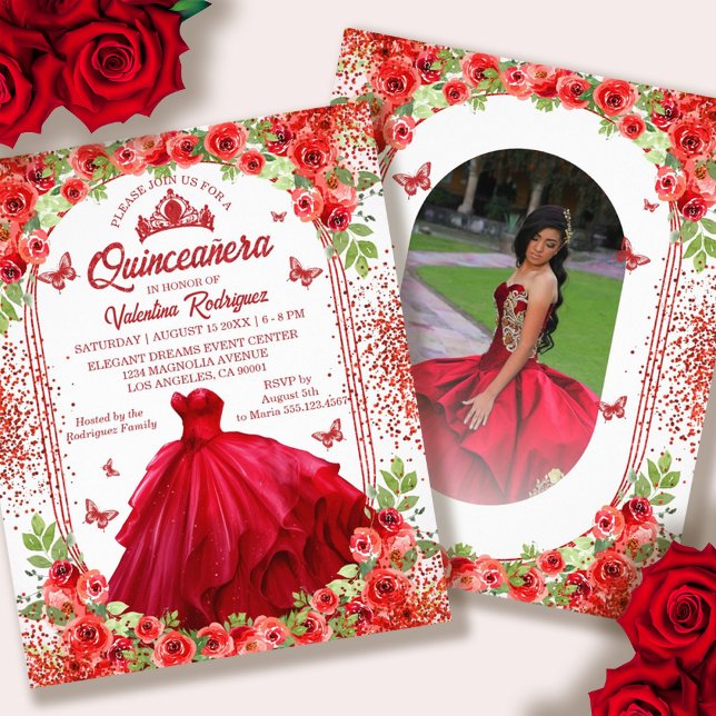 Flyer Invitación Quinceanera floral roja presupuestal (Budget Red Floral Quinceanera Invitation Flyer)