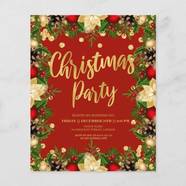 Flyer Invitación roja corporativa de Navidades Purpurina (Frente)