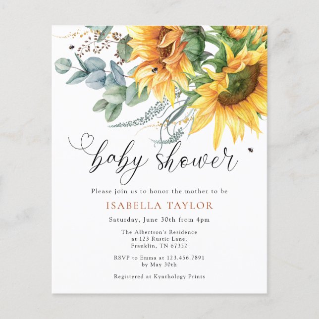 Flyer Invitación Rustic Sunflower Baby Shower para presu (Frente)