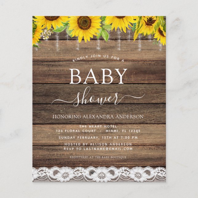 Flyer Invitación Rustic Sunflower de Baby Shower de pres (Frente)