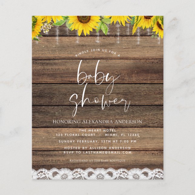 Flyer Invitación Rustic Sunflower de Baby Shower de pres (Frente)