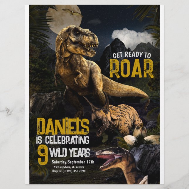 Flyer Invitación salvaje de cumpleaños de dinosaurios re (Frente)