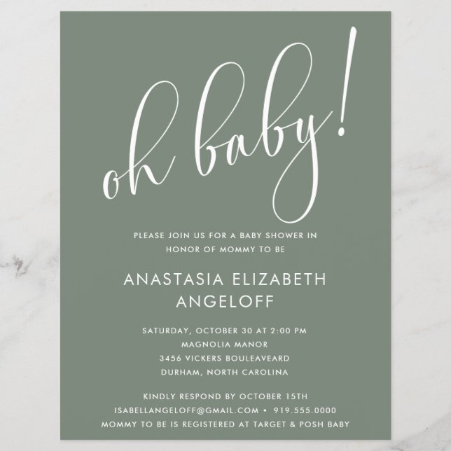 Flyer Invitación verde de guión moderno de Baby Shower (Frente)