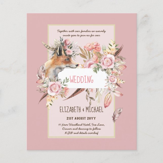 Flyer Invitaciones a bodas de la Fox de BOHO Feather Pin (Frente)