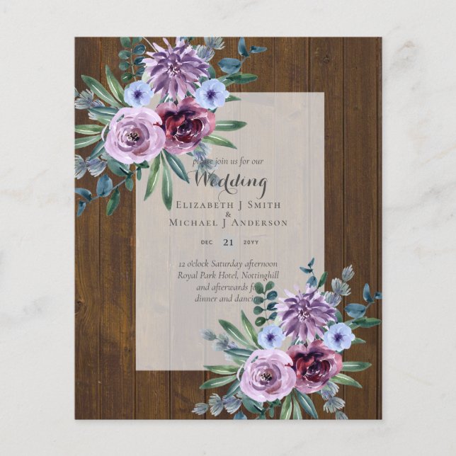 Flyer Invitaciones a bodas de menor presupuesto Plum Flo (Frente)