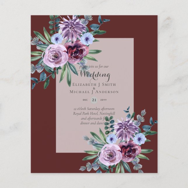 Flyer Invitaciones a bodas de menor presupuesto Plum Flo (Frente)