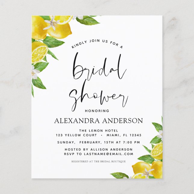 Flyer Invitaciones a Citrus de Limón de Ducha Bridal Pre (Frente)
