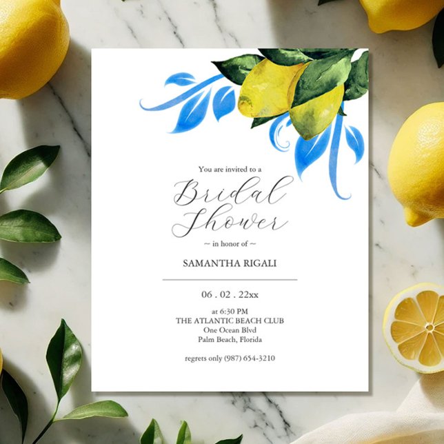 Flyer Invitaciones a ducha de novia de presupuesto limón (budget bridal shower invitations watercolor lemons by Victoria Grigaliunas of Do Tell A Belle)