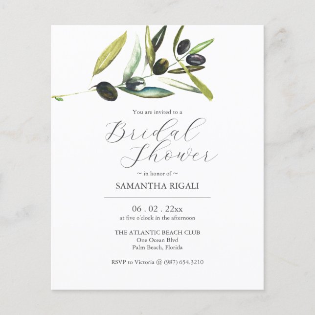 Flyer Invitaciones a ducha de novia de presupuesto Olive (Frente)
