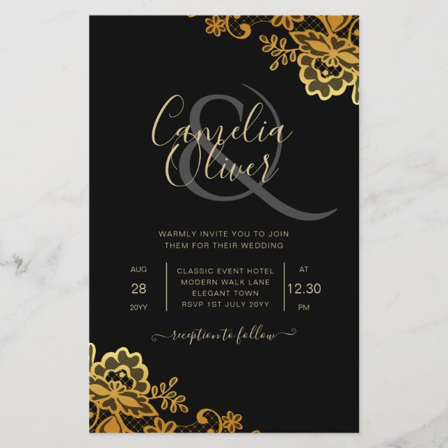 Flyer Invitaciones a la boda de Black Gold Lace (Frente)